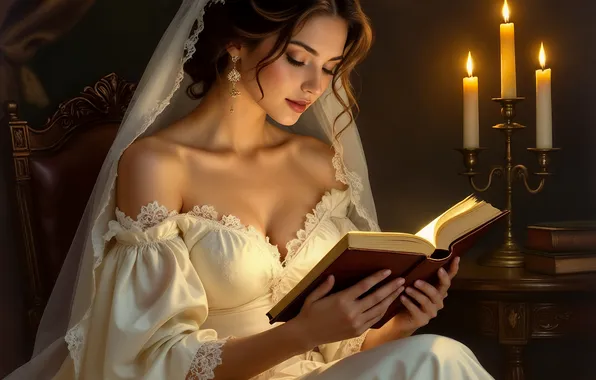 Girl, candles, book, the bride, white dress, reading, AI art, neural network