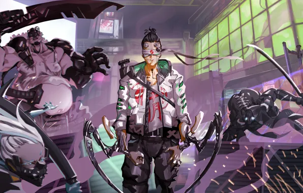 Background, the building, jacket, cyborg, swords, art, implants, Cyberpunk