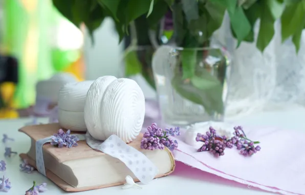 Book, lilac, marshmallows