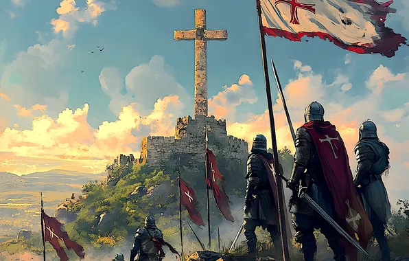 Sword, fantasy, armor, sky, landscape, cross, clouds, hills