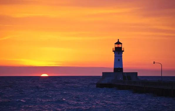 Sea, sunset, lighthouse