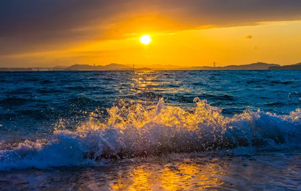 Picture sea, wave, sunset, mountains, surf