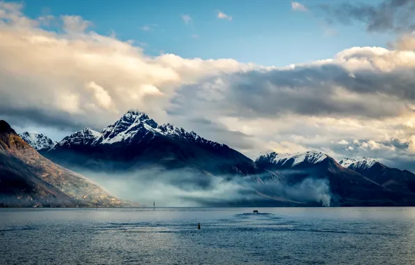 Sea, clouds, mountains, coast, New Zealand, Queenstown