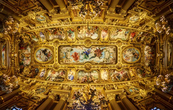 The ceiling, columns, Opera Garnier, painting, chandeliers, Grand Opera, The Paris Opera