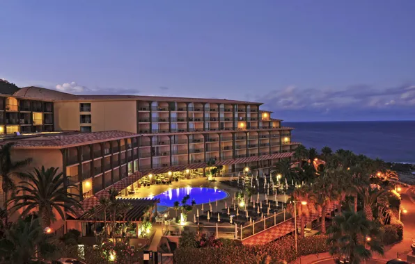Sea, lights, palm trees, coast, the evening, pool, the hotel, Portugal