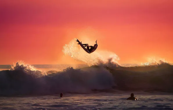 Picture the ocean, jump, wave, surfer, surfing, Board, the trick