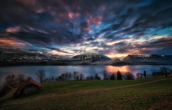 Trees, sunset, mountains, lake, Switzerland, track, hut, path
