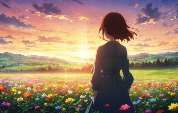 Field, the sun, landscape, sunset, flowers, woman, anime, field