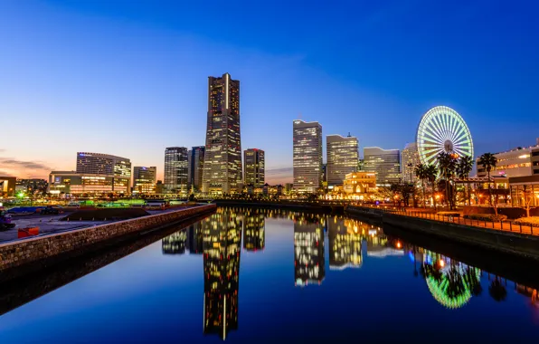 Picture reflection, Japan, mirror, horizon, channel, Ferris wheel, blue sky, Yokohama