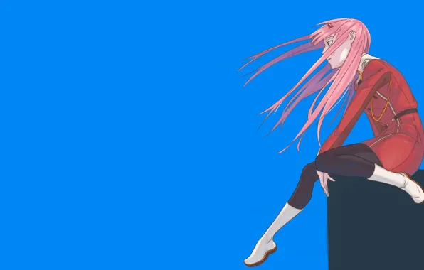 Girl, the wind, sitting, blue background, 002, Darling In The Frankxx, Cute in France, Zero …