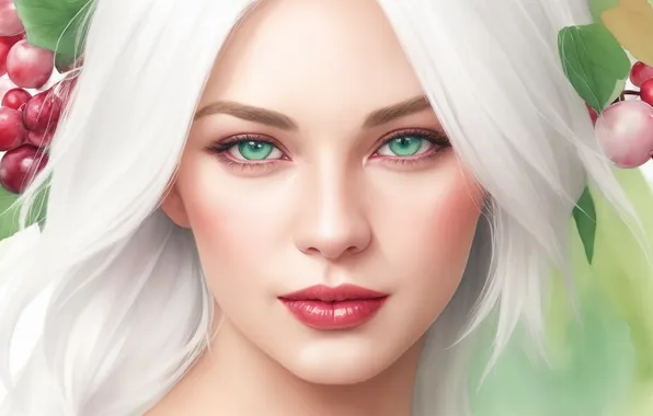 White, girl, red, green, berries, green, woman, figure