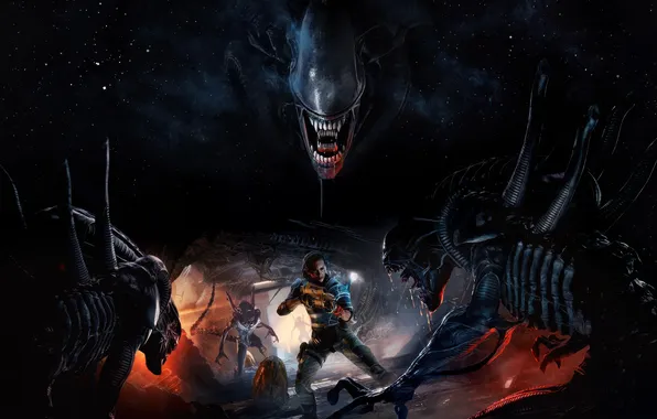 Gun, monster, weapon, alien, man, rifle, play station, virtual reality