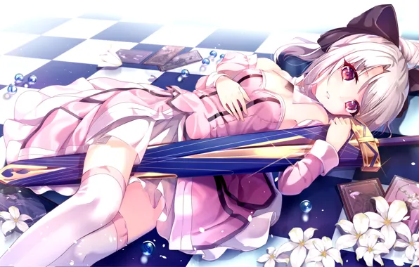 Picture girl, drops, flowers, tile, sword, anime, art, Fate/kaleid Liner Prisma Illya