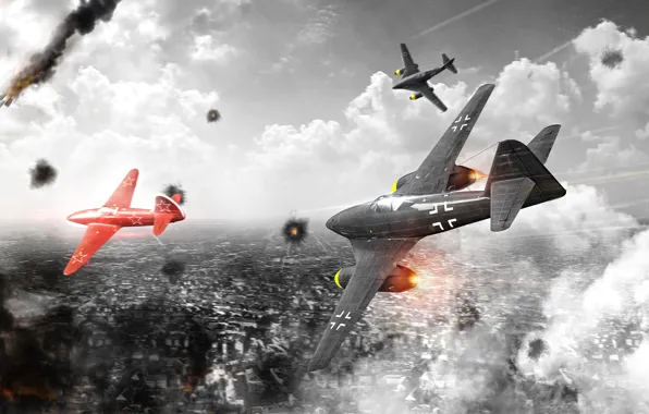 The sky, clouds, fighter, Art, jet, War Thunder, The me-262, The German air force