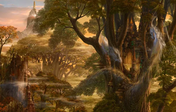 Trees, castle, fiction, dragon, fantasy, Art, ucchiey, if kazama uchio