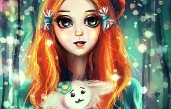 Picture eyes, face, toy, art, girl, bows