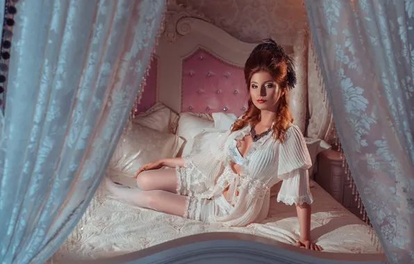 Girl, bed, pillow, necklace, makeup, hairstyle, bed, curtains