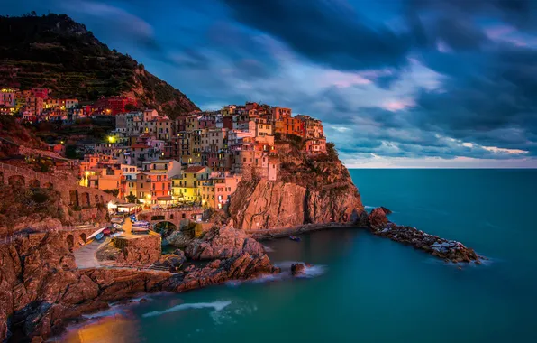 Picture sea, lights, rocks, paint, home, the evening, Italy, Manarola