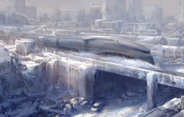 Ice, snow, the city, fiction, disaster, art, trains, concept art