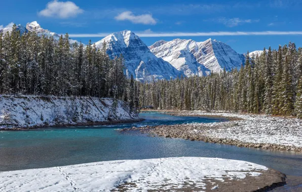 Winter, forest, snow, mountains, river, Canada, Albert, Banff National Park