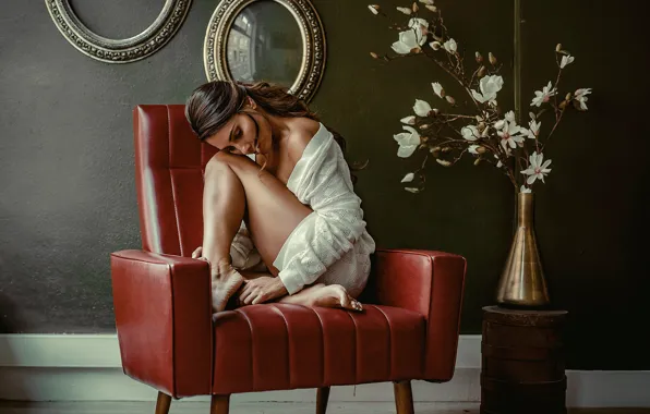 Girl, flowers, pose, model, portrait, interior, makeup, hairstyle