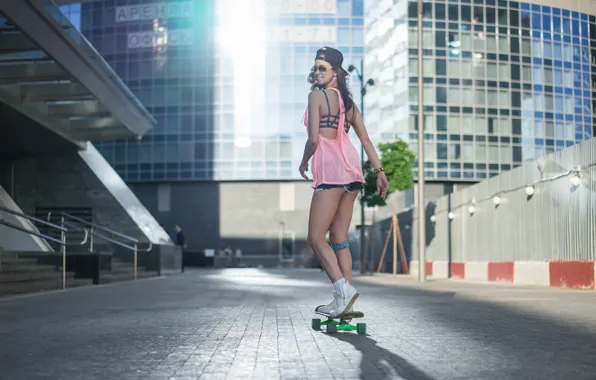 Picture summer, girl, the city, smile, style, legs, skate