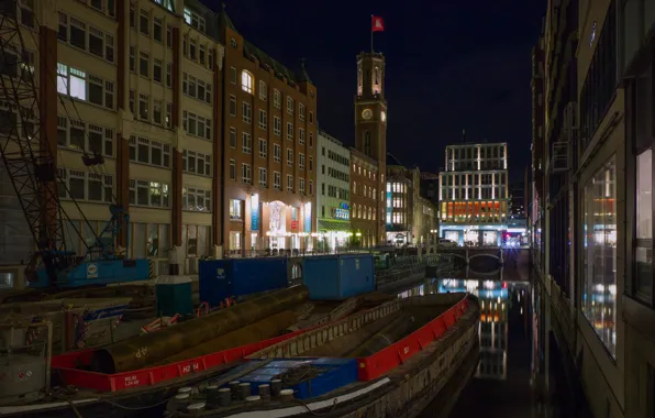Night, lights, ship, Germany, channel, Hamburg, barge
