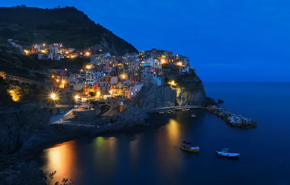Sea, the sky, mountains, night, the city, lights, blue, rocks