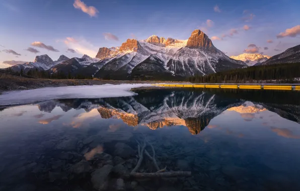 Winter, snow, mountains, lake, reflection, shore, the bottom