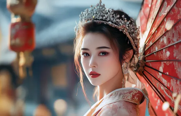 Girl, umbrella, crown, makeup, Asian, Princess, AI art, neural network