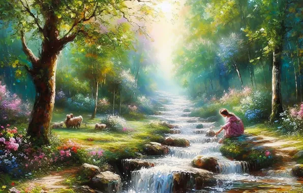 Greens, forest, summer, girl, light, trees, flowers, nature