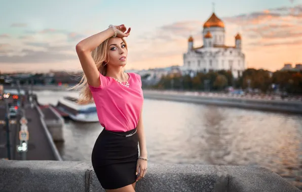 Girl, sunset, pose, river, skirt, makeup, figure, hairstyle