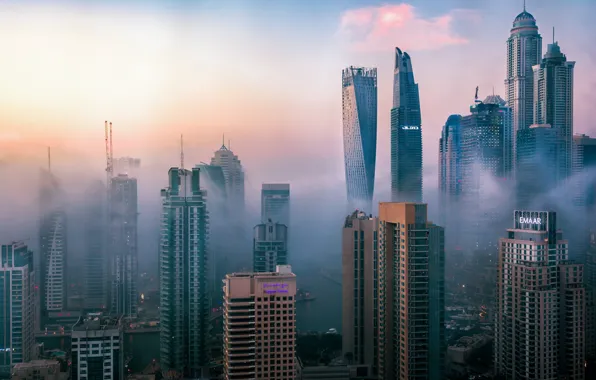 Fog, New York, skyscrapers, USA