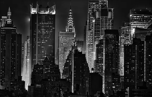 Light, night, lights, building, New York, Noir, skyscrapers, The Chrysler building