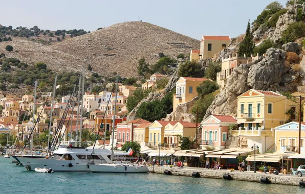 Photo, Home, Pier, The city, Greece, Yacht, Rock, Simi Island