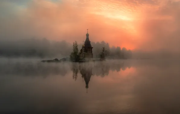 Picture fog, river, Church, haze, Russia, Vuoksa