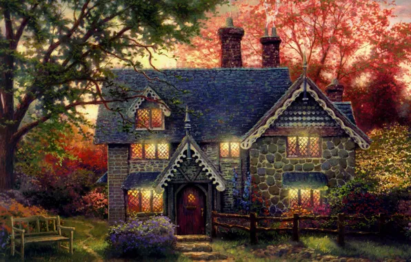 House, the evening, shop, painting, cottage, art, bench, the light in the Windows