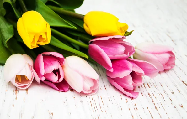 Flowers, bouquet, tulips, pink, yellow, wood, pink, flowers