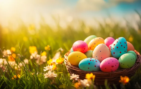 Flowers, basket, glade, eggs, spring, colorful, Easter, happy