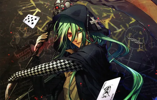 Card, Joker, skull, braid, green hair, Amnesia, Hanamura Mai, Ukyo