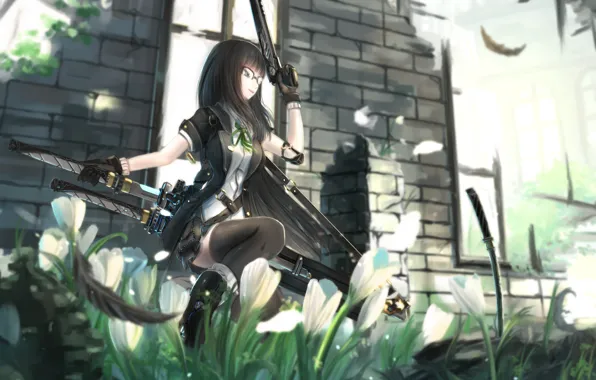 Picture girl, flowers, pose, smile, weapons, katana, feathers, art