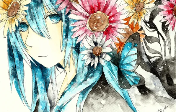 Picture girl, flowers, face, butterfly, anime, art, vocaloid, hatsune miku
