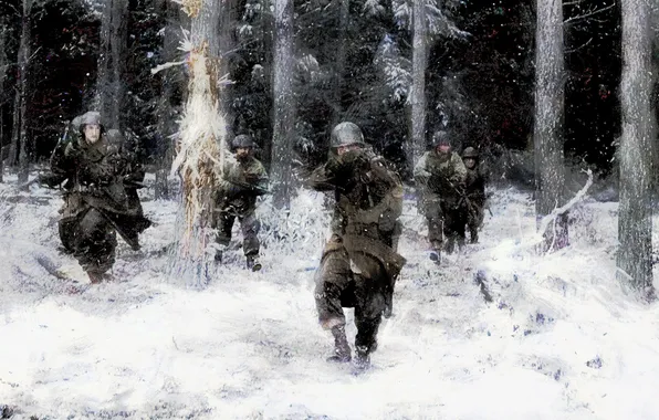 Picture winter, forest, snow, attack, figure, battle, Soldiers