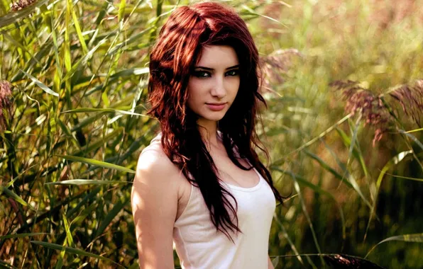Picture grass, look, girl, red, Susan Coffey, Susan Coffey