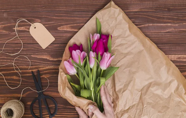 Table, bouquet, tulips, pink, brown, wood, packaging