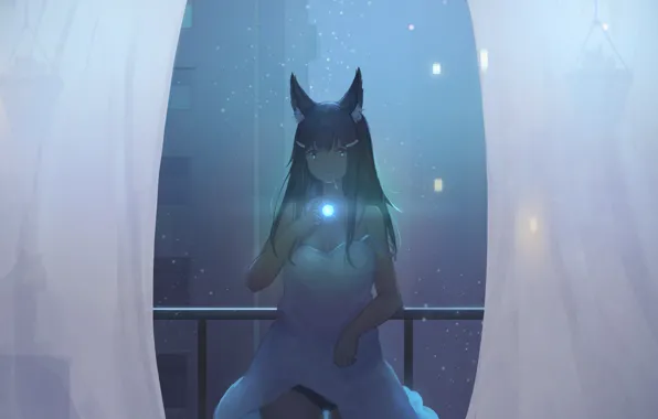 Cat, girl, night, the city, balcony, neko