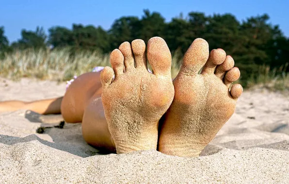 Sand, beach, summer, girl, feet, lies, legs, heel