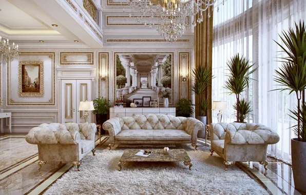 Picture room, sofa, picture, chair, chandelier, table, living room