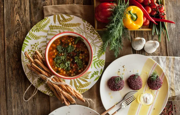 Sticks, Pepper, Soup, The first dish