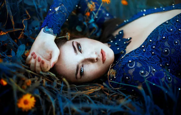 Grass, girl, flowers, face, mood, hand, manicure, Ronny Garcia